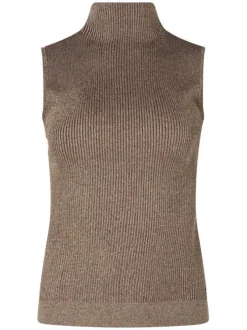 Pull Toria Lurex bronze uni ajusté à col montant et sans manches