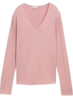 Pull tricoté en coton mélangé rose uni avec un col v arrondi