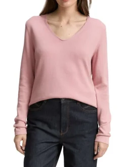 Pull tricoté en coton mélangé rose uni avec un col v arrondi