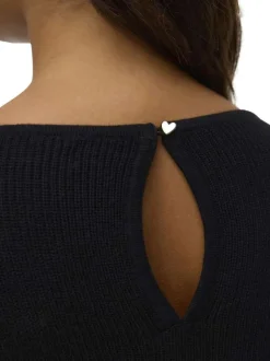 Pull tricoté noir uni avec un col rond et ouverture goutte d'eau dans le dos