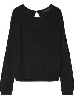 Pull tricoté noir uni avec un col rond et ouverture goutte d'eau dans le dos
