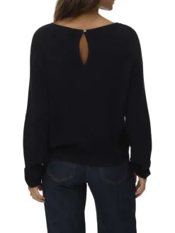 Pull tricoté noir uni avec un col rond et ouverture goutte d'eau dans le dos