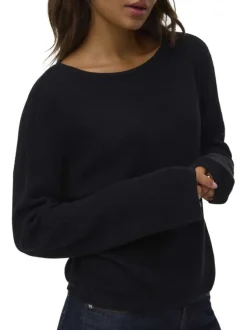 Pull tricoté noir uni avec un col rond et ouverture goutte d'eau dans le dos