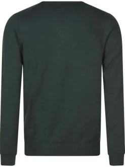 Pull vert uni avec une coupe droite et un col rond au nom de la marque