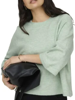 Pull vert uni à coupe droite avec un col rond et des manches 3/4