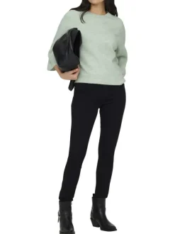 Pull vert uni à coupe droite avec un col rond et des manches 3/4