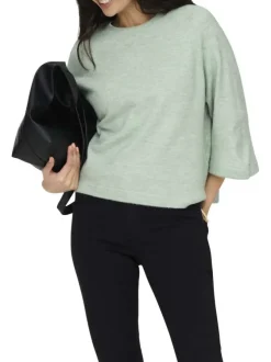 Pull vert uni à coupe droite avec un col rond et des manches 3/4