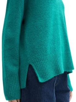 Pull vert uni à coupe droite, col v large et à manches longues