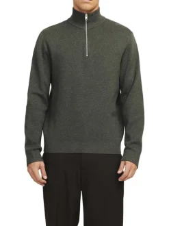 Pull zippé en coton biologique mélangé kaki chiné avec un col montant