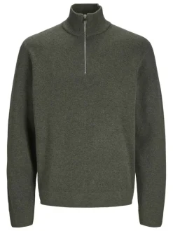 Pull zippé en coton biologique mélangé kaki chiné avec un col montant