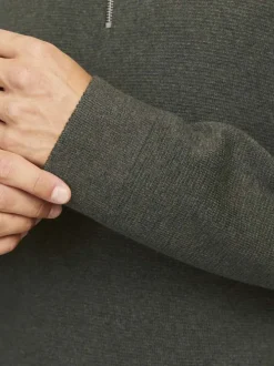 Pull zippé en coton biologique mélangé kaki chiné avec un col montant