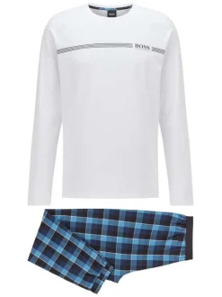 Pyjama bleu en coton uni coupe régular avec un col rond