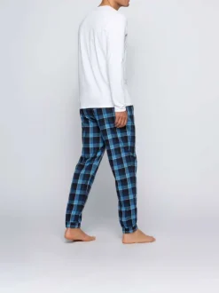 Pyjama bleu en coton uni coupe régular avec un col rond