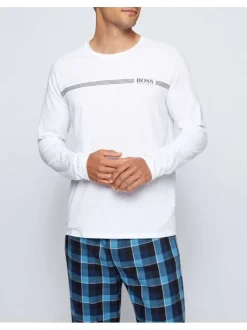 Pyjama bleu en coton uni coupe régular avec un col rond