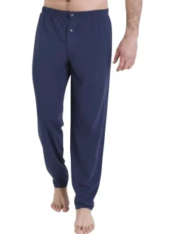 Pyjama chemise en coton marine pourvu d'un col tailleur et de manches longues