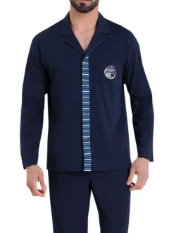 Pyjama chemise long en coton bleu marine uni à coupe droite et à col v à revers