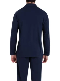 Pyjama chemise long en coton bleu marine uni à coupe droite et à col v à revers