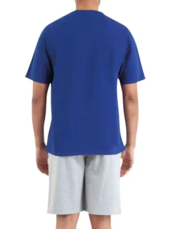 Pyjama court bleu et blanc uni en coton mélangé à coupe droite et col rond