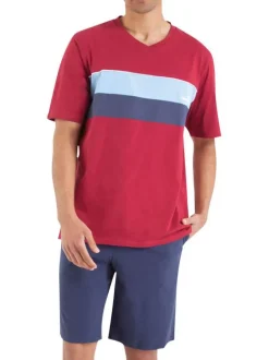 Pyjama court bleu uni en coton avec une coupe droite et un col v
