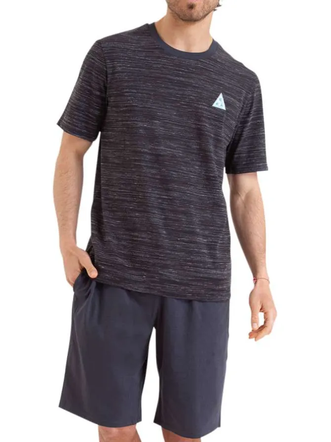 Pyjama court en coton anthracite chiné avec une coupe droite et un col rond