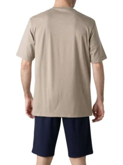 Pyjama court en coton beige à rayures pourvu d'une coupe droite