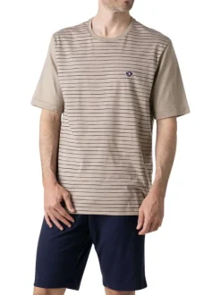 Pyjama court en coton beige à rayures pourvu d'une coupe droite