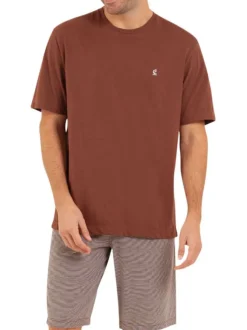 Pyjama court en coton biologique marron rayé avec coupe droite et col rond
