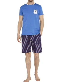 Pyjama court en coton bleu avec une coupe droite et un col rond