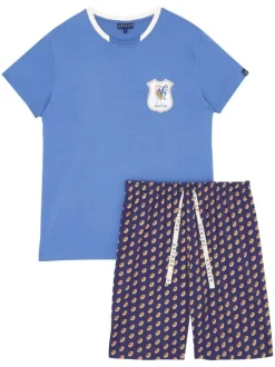 Pyjama court en coton bleu avec une coupe droite et un col rond