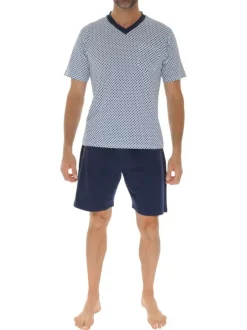 Pyjama court en coton bleu avec un haut à imprimé géométrique