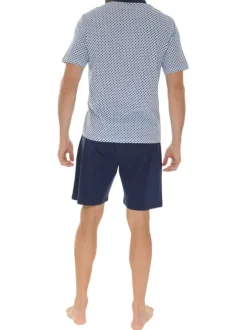 Pyjama court en coton bleu avec un haut à imprimé géométrique