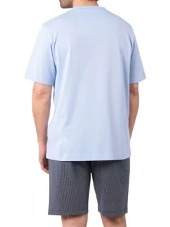 Pyjama court en coton bleu ciel à petits motifs avec un col v