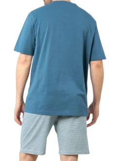 Pyjama court en coton bleu clair à rayures avec un col tunisien