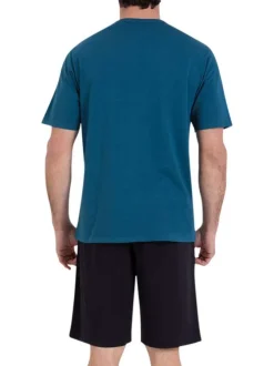 Pyjama court en coton bleu et noir uni à coupe droite avec un imprimé