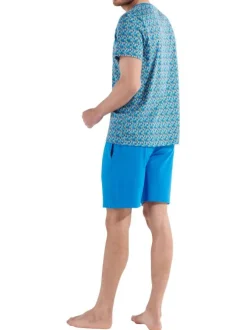 Pyjama court en coton bleu imprimé géométrique à coupe fermée et col v