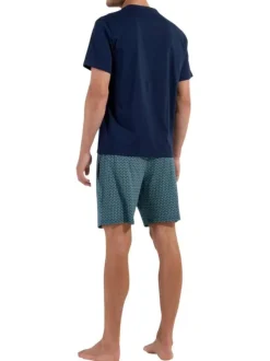 Pyjama court en coton bleu imprimé ovales avec coupe fermée et col tunisien