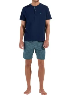 Pyjama court en coton bleu imprimé ovales avec coupe fermée et col tunisien