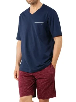 Pyjama court en coton bleu marine à col v avec des minis motifs sur le short