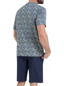 Pyjama court en coton bleu marine à imprimé végétal avec col rond et logo blanc