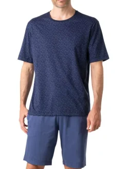 Pyjama court en coton bleu marine à minis motifs avec un col rond