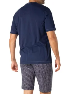 Pyjama court en coton bleu marine à petits motifs avec un col v