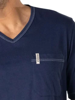 Pyjama court en coton bleu marine à petits motifs avec un col v