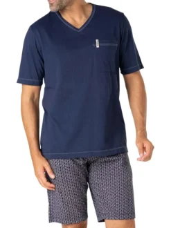 Pyjama court en coton bleu marine à petits motifs avec un col v