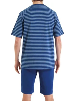 Pyjama court en coton bleu nuit rayé avec une coupe droite et un col rond