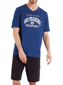 Pyjama court en coton bleu nuit uni avec une coupe droite et un col V