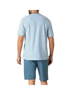 Pyjama court en coton bleu rayé à coupe fermée un col rond et made in France