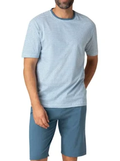 Pyjama court en coton bleu rayé à coupe fermée un col rond et made in France