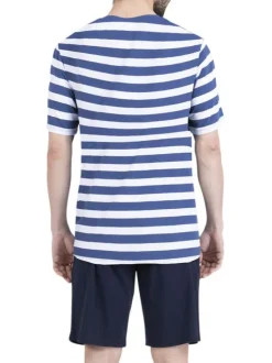 Pyjama court en coton bleu à rayures pourvu d'une coupe droite et d'un col rond
