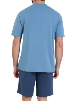 Pyjama court en coton bleu uni à coupe droite avec un col tunisien