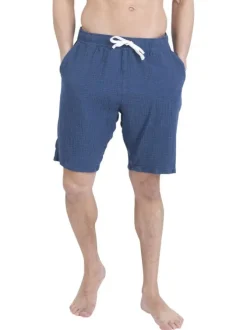 Pyjama court en coton bleu uni pourvu d'une coupe droite et d'un col tunisien